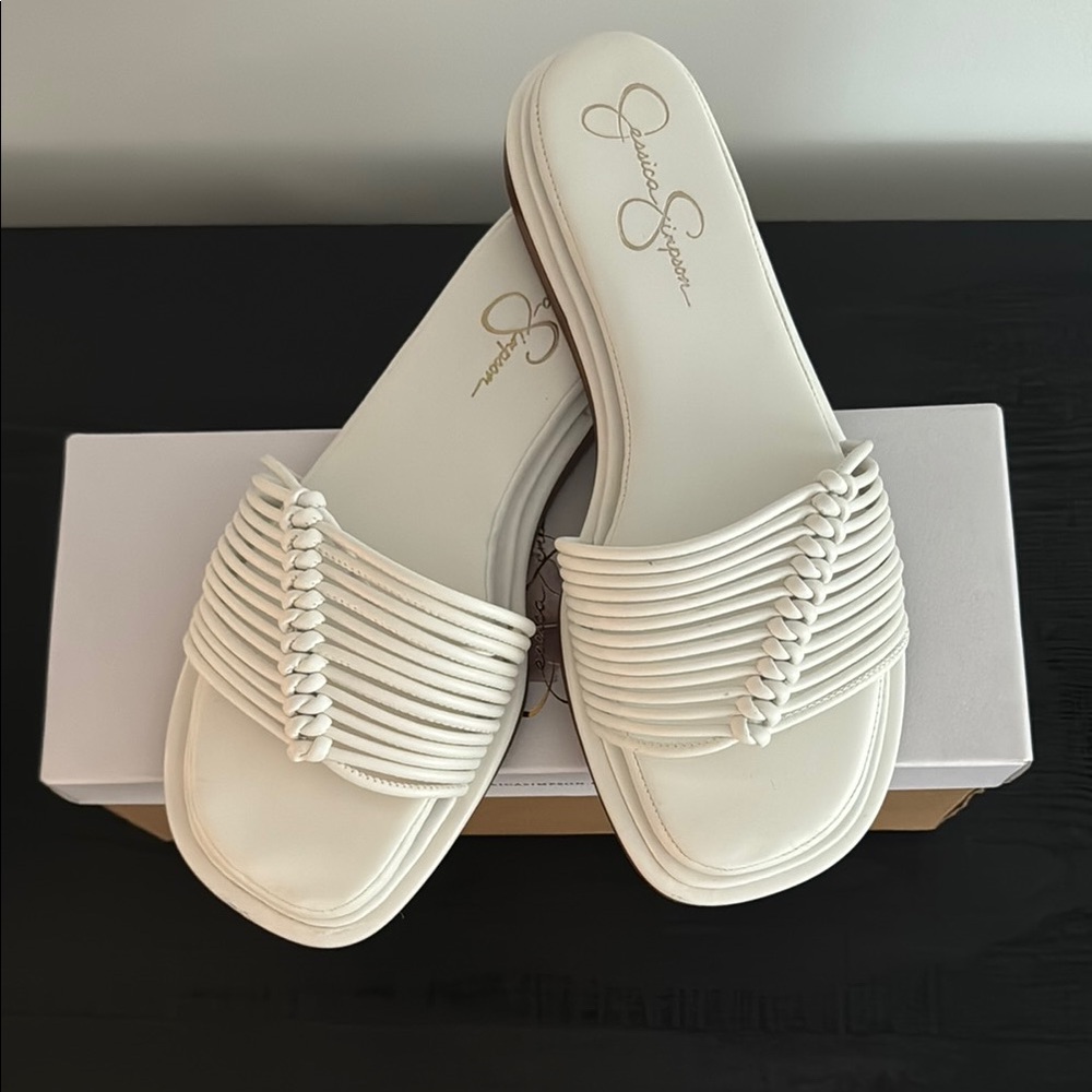 Jessica Simpson Cream Sandals with Wide Strap Design